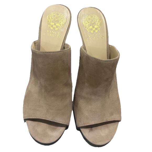 Vince Camuto Taupe Slip On Open Toe Neutral Suede Stiletto Heel Shoes Size 8 - Picture 1 of 8